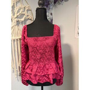 Altard State Medium Pink Smocked Floral Blouse With Ruffled Hem & Long Sleeves -